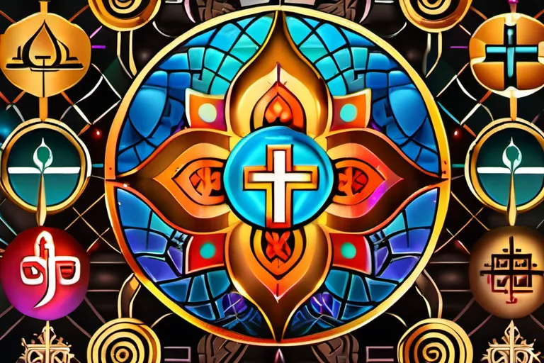 A vibrant mosaic depicting various religious symbols representing different sects coming together in harmony. - religious sects