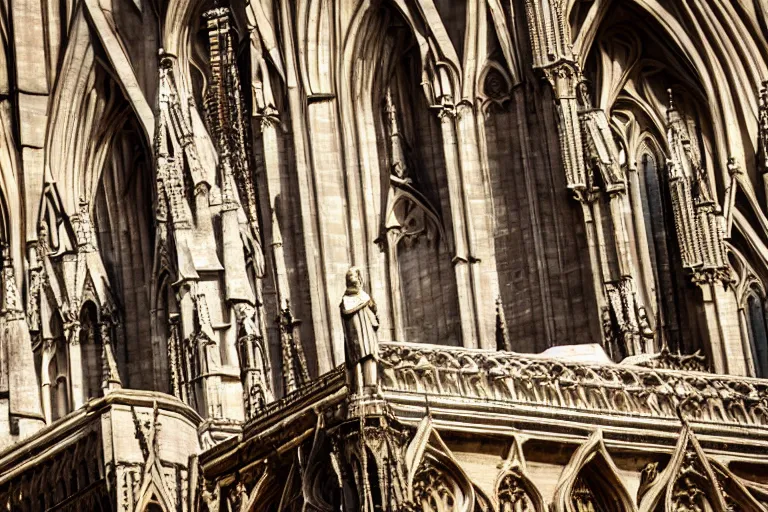 A close-up image of a beautifully carved statue of a saint or religious figure, set against the backdrop of a Gothic cathedral. - Christian churches, statues, religious art