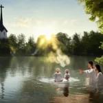 A serene image of a church with a baby being baptized in the foreground and an adult being baptized in the background. - Christian baptism