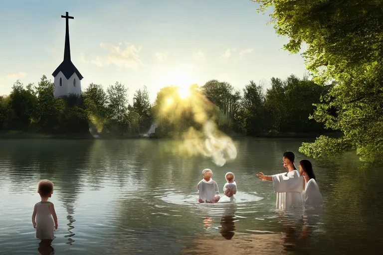 A serene image of a church with a baby being baptized in the foreground and an adult being baptized in the background. - Christian baptism