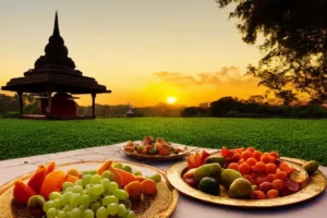 A serene image of a Hindu temple at sunset with a plate of fresh fruits and vegetables in the foreground. - Hindu vegetarianism