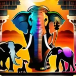 A vibrant image depicting various animals revered in Hinduism, such as the cow, elephant, monkey, and snake, set against an ancient temple backdrop. - Hindu animal worship