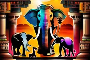 A vibrant image depicting various animals revered in Hinduism, such as the cow, elephant, monkey, and snake, set against an ancient temple backdrop. - Hindu animal worship