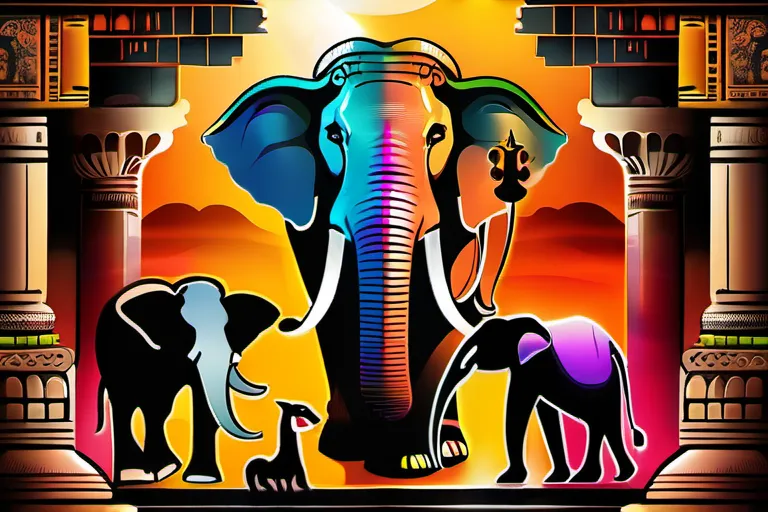 A vibrant image depicting various animals revered in Hinduism, such as the cow, elephant, monkey, and snake, set against an ancient temple backdrop. - Hindu animal worship