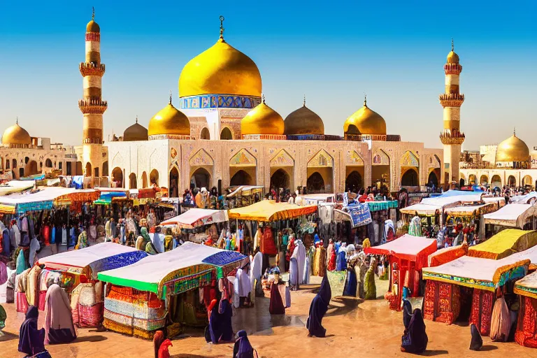 A vibrant image showcasing a bustling Middle Eastern marketplace with minarets in the background, symbolizing the intersection of religion, culture, and daily life in Islamic societies. - Islamic law, Sharia, strict religious laws