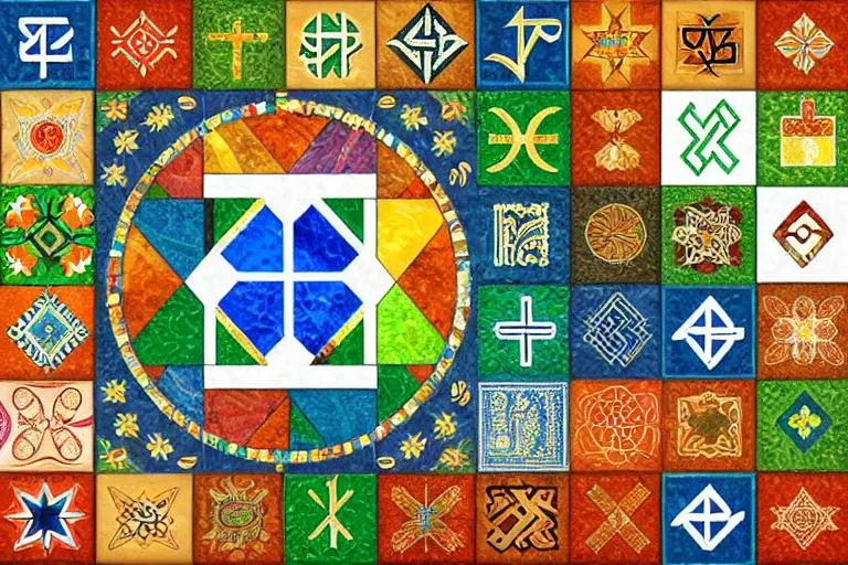 A colorful mosaic depicting various symbols representing different Jewish denominations. - Jewish denominations