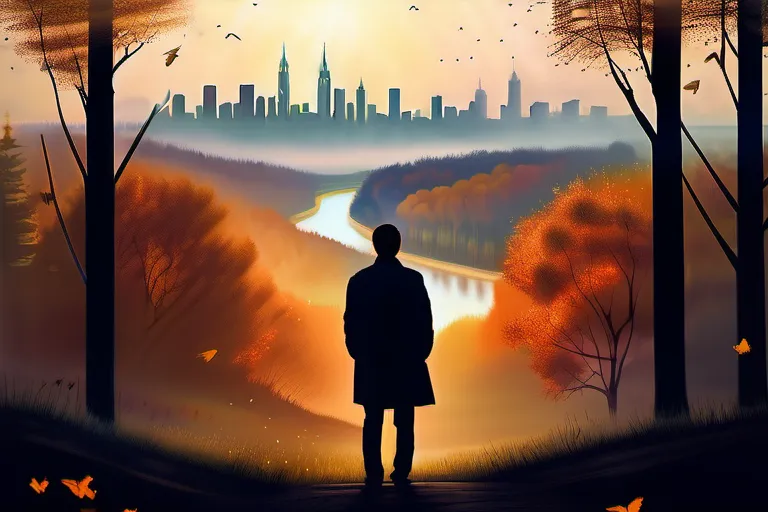 A person standing at the edge of a forest, looking back at the city behind them, symbolizing the transition from religious beliefs to personal spirituality. - losing faith in religion