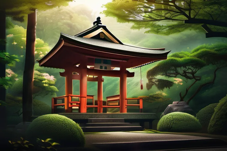 A serene Japanese shrine surrounded by lush greenery, symbolizing the harmony between nature and Shinto beliefs. - Shinto beliefs