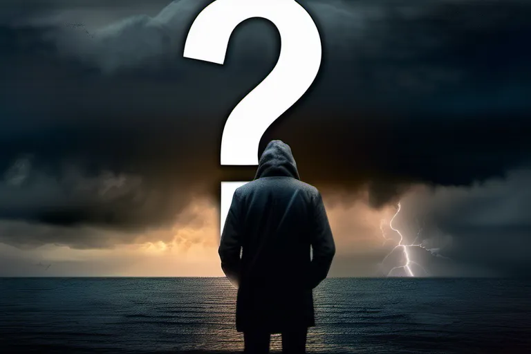 A thoughtful person contemplating a question mark against a backdrop of a dark, stormy sky. - God, Evil, Philosophy, Religion, Theology