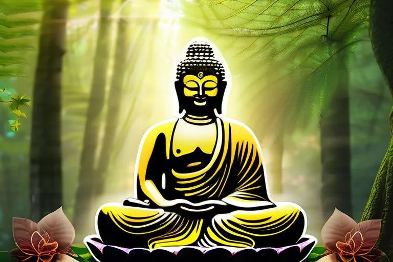 A serene image of a Buddha statue against a backdrop of a tranquil forest, symbolizing the peaceful and non-theistic nature of Buddhism. - Buddhism, God, No God