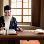 A thoughtful Jewish man studying a Torah scroll with a Christian Bible open nearby, symbolizing the coexistence of two faiths. - Jewish beliefs about Jesus