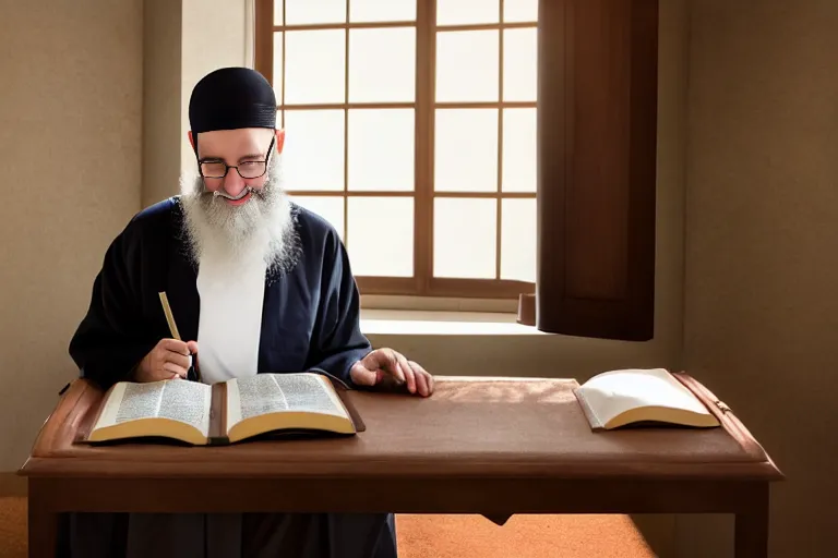 A thoughtful Jewish man studying a Torah scroll with a Christian Bible open nearby, symbolizing the coexistence of two faiths. - Jewish beliefs about Jesus