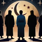 A diverse group of people standing together, with the Islamic crescent moon and star symbol in the background - Islamic Beliefs Importance