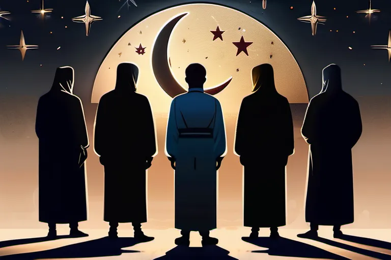 A diverse group of people standing together, with the Islamic crescent moon and star symbol in the background - Islamic Beliefs Importance