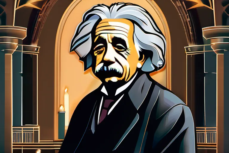 A thoughtful image of Albert Einstein with a backdrop of a synagogue or church to represent his religious beliefs. - Albert Einstein Religion