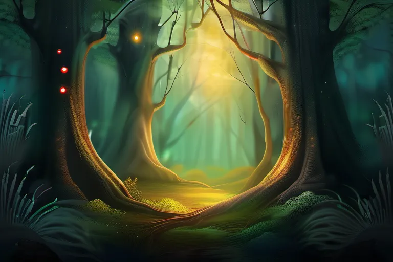 A serene forest scene with glowing eyes peeking out from the trees, symbolizing the spirit world in animism. - animism, religion, spirituality, cultural diversity