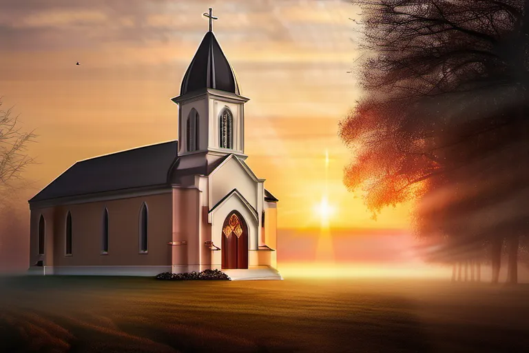 A serene image featuring a church with a sunrise in the background, symbolizing the dawn of a new age in spirituality brought by the Church of Religious Science. - Church of Religious Science