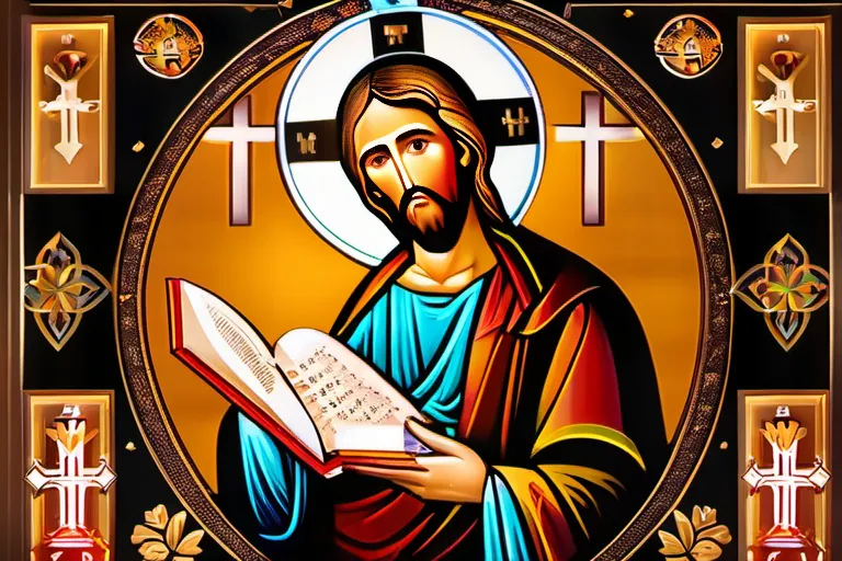 A vibrant icon depicting Jesus Christ surrounded by symbols of Eastern Orthodoxy, such as a cross, a church, and a book. - eastern orthodoxy