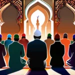 A vibrant, diverse crowd gathered around a mosque during prayer time, symbolizing unity and growth of the Muslim community. - Islam Growth 2022