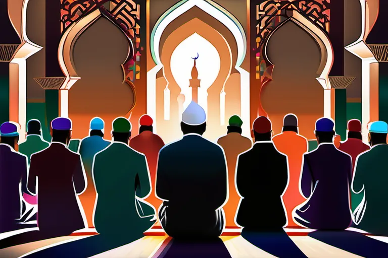 A vibrant, diverse crowd gathered around a mosque during prayer time, symbolizing unity and growth of the Muslim community. - Islam Growth 2022