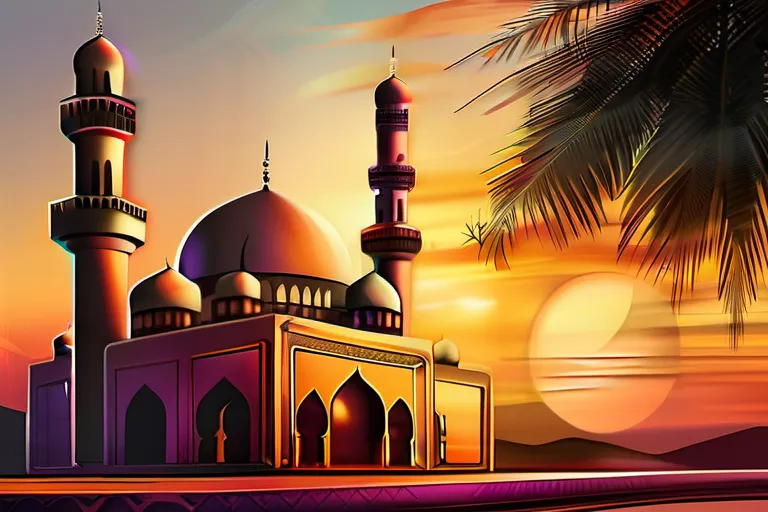 A vibrant mosque against a sunset backdrop, symbolizing the growth and influence of Islam in modern times. - Islam Growth Society