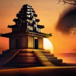 A stylized, ancient depiction of a monotheistic temple or symbol against a sunset backdrop. - First Monotheistic Religion