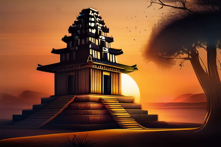 A stylized, ancient depiction of a monotheistic temple or symbol against a sunset backdrop. - First Monotheistic Religion