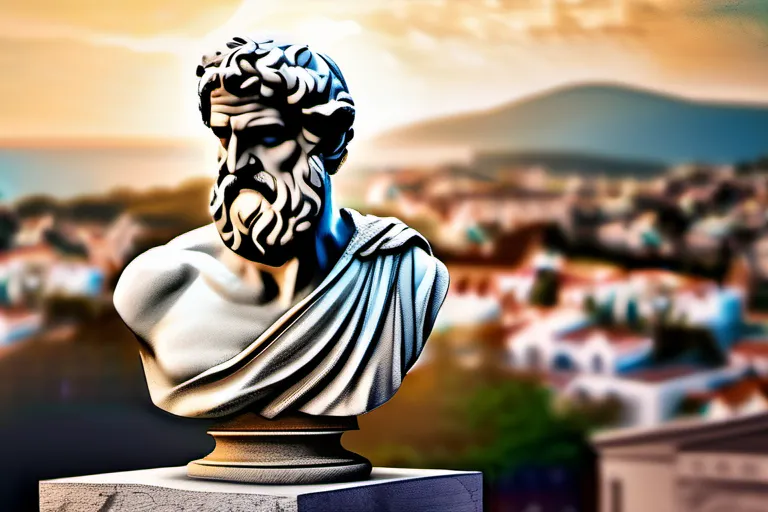 An image depicting a bust of an ancient Greek philosopher with a backdrop of a cityscape representing the birthplace of Hellenism. - Hellenism, Religion, Ancient Greece, Cultural Impact