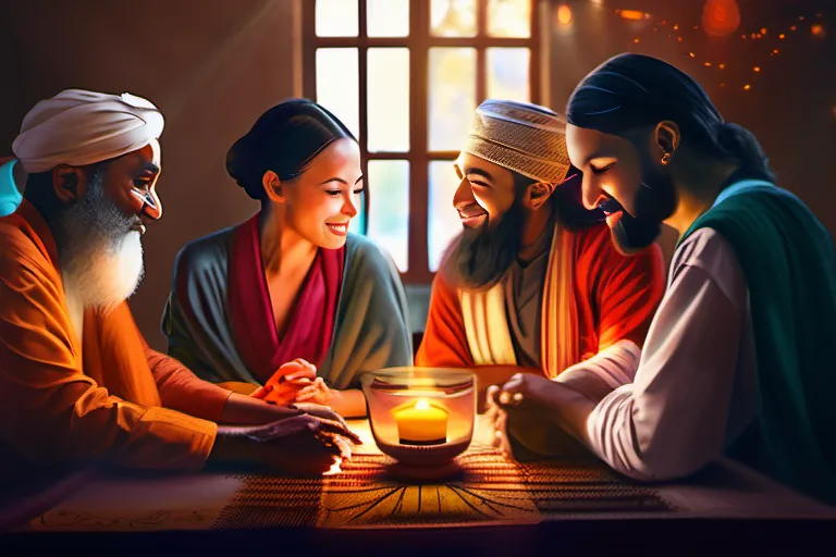 A vibrant image depicting a diverse group of people from different cultures and religions gathered around a table, engaged in respectful conversation. - Hinduism Islam Christianity interfaith dialogue