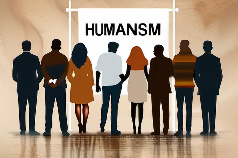 A diverse group of people standing together under a banner with the word 'Humanism'. - humanist beliefs importance