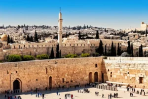 A vibrant image of Jerusalem's Old City with the Western Wall in the foreground, symbolizing the spiritual bond between Israel and Judaism. - Israel Judaism