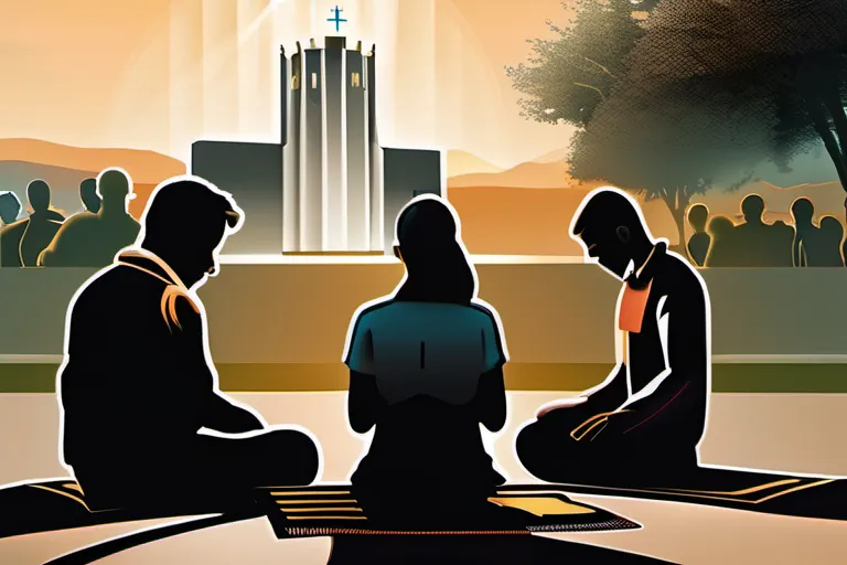 A visually appealing cover image featuring a group of people in prayer, with the Watchtower Bible and Tract Society's headquarters in the background. - Jehovah's Witnesses