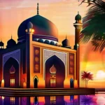 A vibrant mosque at sunset, symbolizing the enduring presence and significance of Islam in the world. - Islam Significance