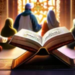 A visually appealing cover image featuring an open Quran with a diverse group of people gathered around it, symbolizing unity and respect for different faiths. - Quran, Muslim Bible, Islam, interfaith dialogue