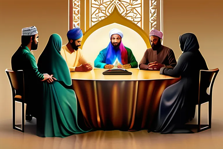 A vibrant image showcasing a diverse group of people gathered around a table, symbolizing unity and dialogue, with the Muslim World League logo subtly incorporated in the background. - Muslim World League, Islam, Religion, Global Affairs