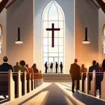 A diverse group of people gathered in a modern, welcoming church with an open door and warm lighting. - non-denominational christianity importance