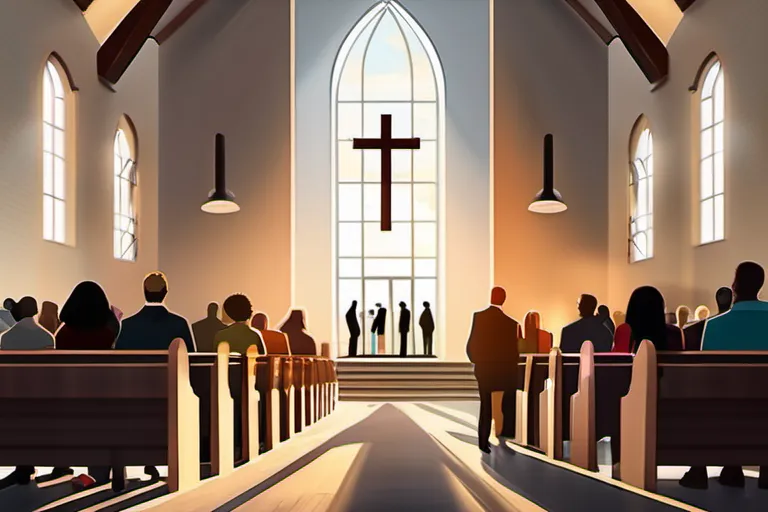 A diverse group of people gathered in a modern, welcoming church with an open door and warm lighting. - non-denominational christianity importance