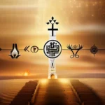 An image depicting a timeline with ancient symbols representing the oldest known religion at one end, merging into contemporary symbols at the other. - oldest known religion importance