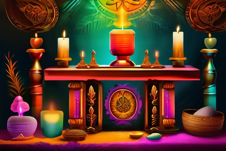 A vibrant, colorful image depicting a Palo Monte altar with various symbols and figures. - Palo Monte Religion