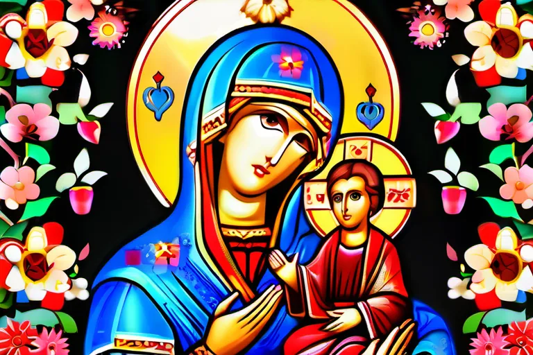 A serene image of a beautiful Byzantine icon depicting Panagia, surrounded by vibrant flowers and symbols of Christian faith. - Panagia significance