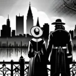 A black-and-white image of a Puritan family in colonial America, with a contemporary city skyline subtly visible in the background. - Puritan Religion Impact