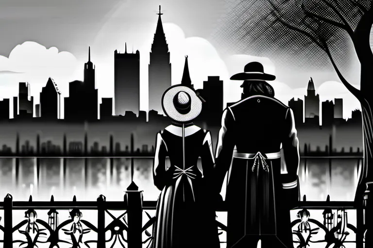 A black-and-white image of a Puritan family in colonial America, with a contemporary city skyline subtly visible in the background. - Puritan Religion Impact