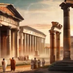 An image depicting a bustling ancient Roman city with temples, citizens, and religious symbols. - Roman Religion