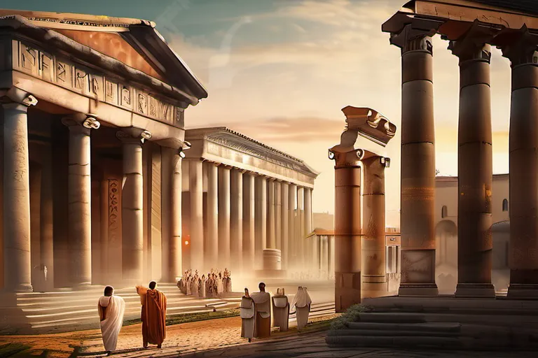 An image depicting a bustling ancient Roman city with temples, citizens, and religious symbols. - Roman Religion