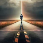 A thought-provoking image of a human figure standing at the crossroads of two paths, symbolizing the intersection of secular humanism and religion. - Secular Humanism in Religion