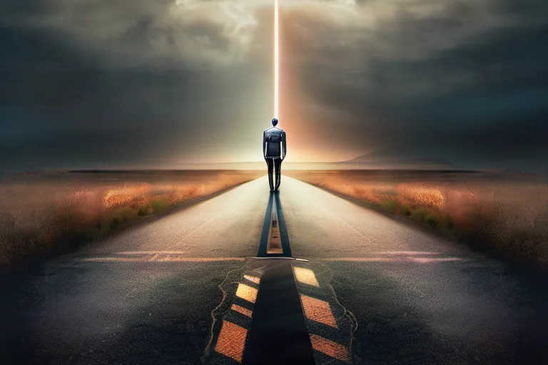 A thought-provoking image of a human figure standing at the crossroads of two paths, symbolizing the intersection of secular humanism and religion. - Secular Humanism in Religion