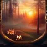 A mystical forest scene with ancient Slavic symbols and a glowing sunset. - Slavic Religion