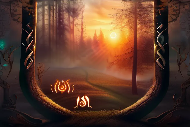 A mystical forest scene with ancient Slavic symbols and a glowing sunset. - Slavic Religion