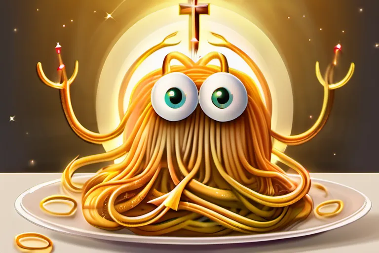 A playful illustration of a spaghetti monster with a halo or religious symbol, representing the satirical deity's role in religion. - Spaghetti Monster Religion