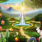 A serene depiction of the Garden of Eden with various Christian symbols subtly integrated, symbolizing the harmony between Christianity and the creation story. - Christian interpretation of creation story